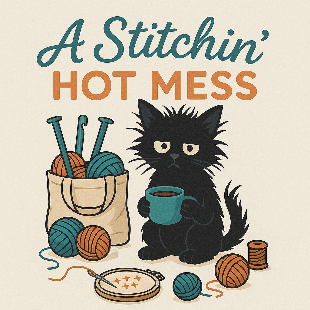 A Stitchin’ Hot Mess logo with black cat holding a teal mug